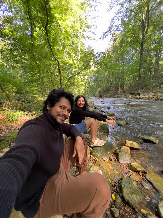 Image of a happy couple smiling and being present